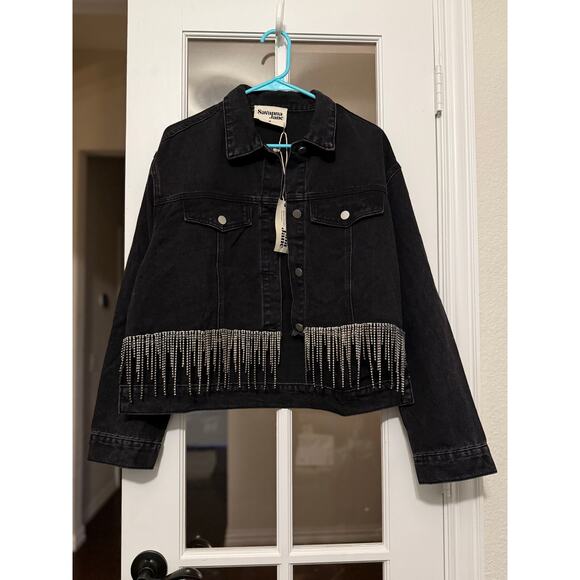 Savanna Jane rhinestone fringe crop front denim jacket black medium western NWT - Picture 1 of 12